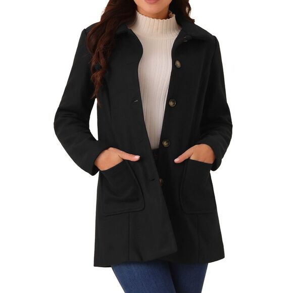 Mid-Long Casual Notch Lapel Single-Breasted Peacoat Black - Picture 1 of 6